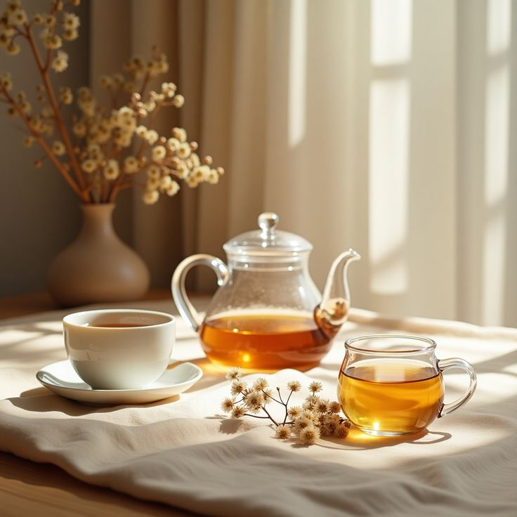 Overhead view of loose dried herbs, flowers and a glass teapot arranged on a linen cloth
