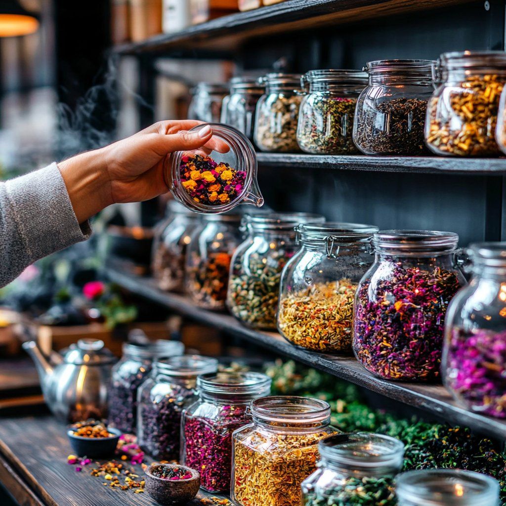 A notebook open to handwritten tasting notes beside small bowls of dried herbs and flowers